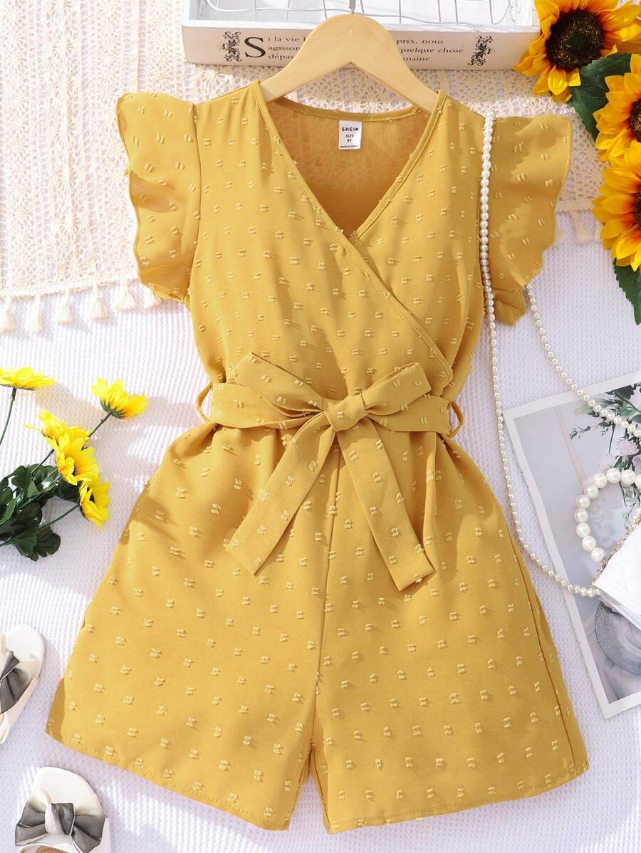 SHEIN 女孩圓點荷葉邊腰帶連身短褲 - 芥末黃 - 查看 1