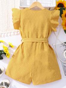 SHEIN 女孩圓點荷葉邊腰帶連身短褲 - 芥末黃 - 查看 2