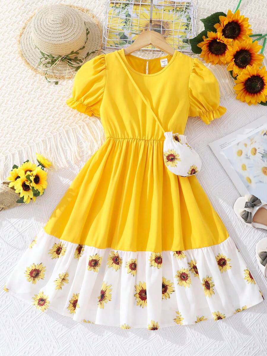 SHEIN Đầm Gái Viên lá sen Hoa Dễ thương - Màu vàng - Xem 1