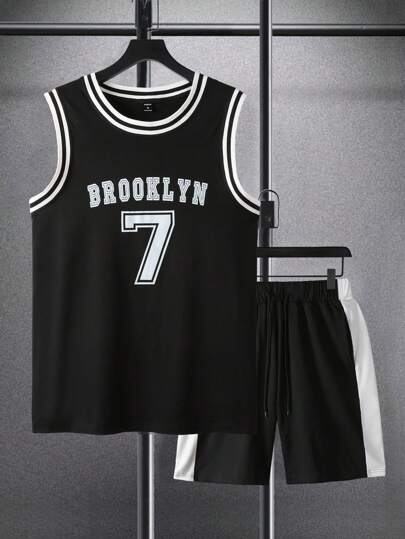 Guys Letter Graphic Striped Trim Tank Top & Drawstring Waist Shorts