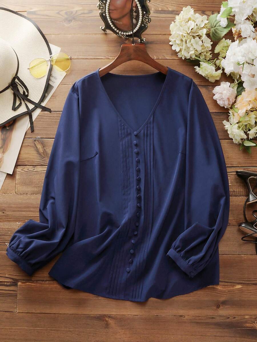 Mulvari 大碼前紐扣燈籠袖襯衫 - 藏蓝色 - 查看 1