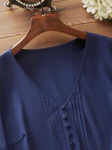 Mulvari 大碼前紐扣燈籠袖襯衫 - 藏蓝色 - 查看 3