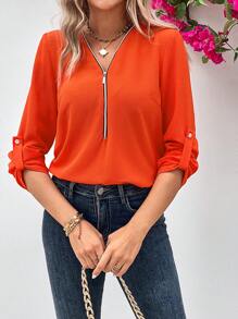 SHEIN LUNE 半拉鏈捲邊袖襯衫 - 橘色 - 查看 2