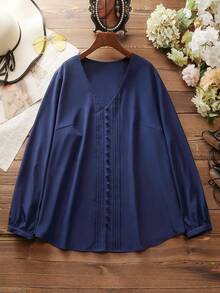 Mulvari 大碼前紐扣燈籠袖襯衫 - 藏蓝色 - 查看 6