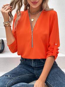 SHEIN LUNE 半拉鏈捲邊袖襯衫 - 橘色 - 查看 1