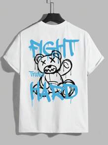 Manfinity RebelGame 加大码男士标语与熊印花圆领 T 恤 - 白色 - 查看 2