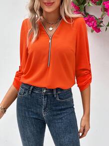 SHEIN LUNE 半拉鏈捲邊袖襯衫 - 橘色 - 查看 5
