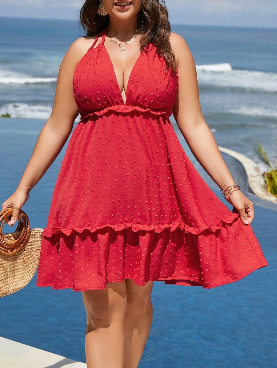 SHEIN Holidaya Đầm Plus Size Lộ Lưng viền lá sen Buộc lại màu trơn Boho - Đỏ - Xem 1