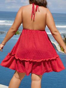 SHEIN Holidaya Đầm Plus Size Lộ Lưng viền lá sen Buộc lại màu trơn Boho - Đỏ - Xem 2