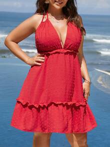 SHEIN Holidaya Đầm Plus Size Lộ Lưng viền lá sen Buộc lại màu trơn Boho - Đỏ - Xem 3