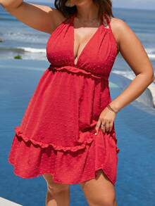 SHEIN Holidaya Đầm Plus Size Lộ Lưng viền lá sen Buộc lại màu trơn Boho - Đỏ - Xem 6