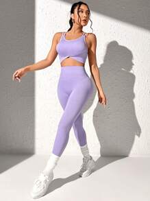 Yoga Basic Crisscross Back Sports Set - Lilac Purple - View 2