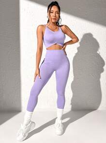 Yoga Basic Crisscross Back Sports Set - Lilac Purple - View 3