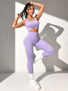 Yoga Basic Crisscross Back Sports Set - Lilac Purple - View 4