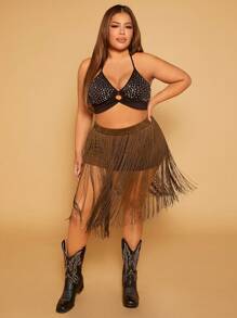 SHEIN SXY Plus Fringe Hem Skort - Coffee Brown - View 1