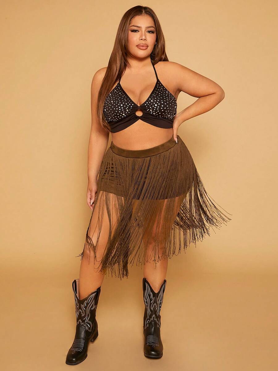SHEIN SXY Plus Fringe Hem Skort - Coffee Brown - View 1