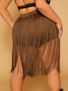 SHEIN SXY Plus Fringe Hem Skort - Coffee Brown - View 2
