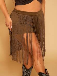 SHEIN SXY Plus Fringe Hem Skort - Coffee Brown - View 3