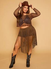 SHEIN SXY Plus Fringe Hem Skort - Coffee Brown - View 4