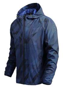 男士幾何印花拉鏈開襟抽繩連帽夾克 - 藏蓝色 - 查看 4