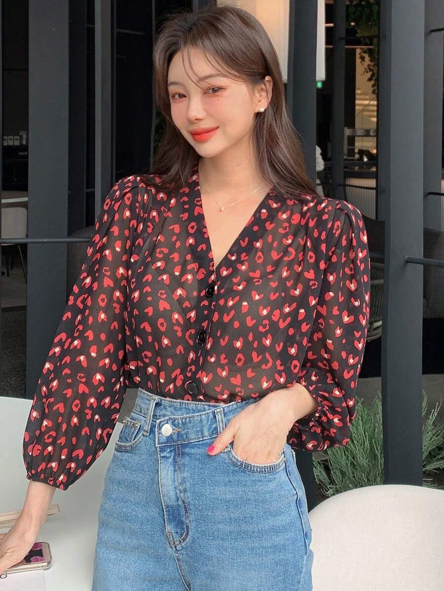 DAZY Allover Print Lantern Sleeve Blouse - Multicolor - View 1