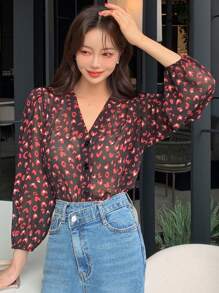 DAZY Allover Print Lantern Sleeve Blouse - Multicolor - View 4