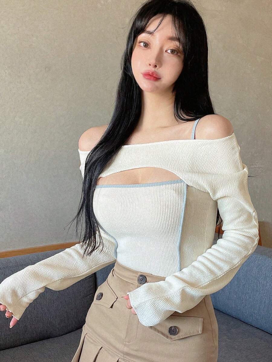 DAZY Contrast Binding Cami Top With Super Crop Top - Beige - View 1