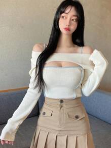 DAZY Contrast Binding Cami Top With Super Crop Top - Beige - View 3