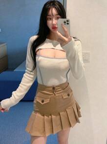 DAZY Contrast Binding Cami Top With Super Crop Top - Beige - View 6