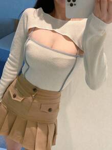 DAZY Contrast Binding Cami Top With Super Crop Top - Beige - View 8