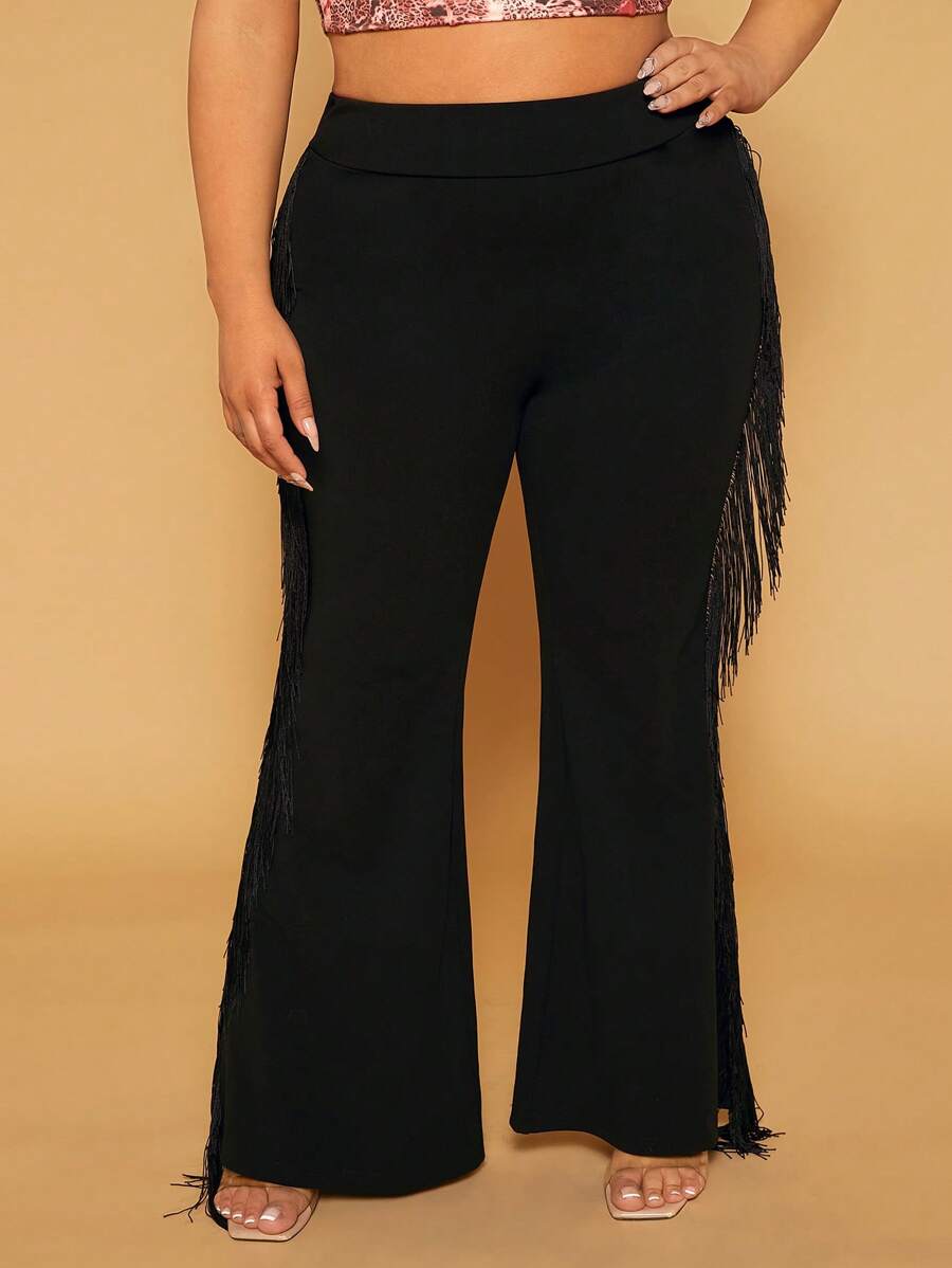 SHEIN SXY Quần Plus Size mép màu trơn Giải trí - màu đen - Xem 1