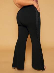 SHEIN SXY Quần Plus Size mép màu trơn Giải trí - màu đen - Xem 4