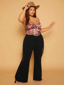 SHEIN SXY Quần Plus Size mép màu trơn Giải trí - màu đen - Xem 6