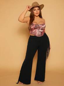 SHEIN SXY Quần Plus Size mép màu trơn Giải trí - màu đen - Xem 2