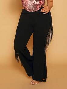 SHEIN SXY Quần Plus Size mép màu trơn Giải trí - màu đen - Xem 5