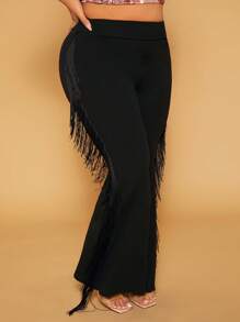 SHEIN SXY Quần Plus Size mép màu trơn Giải trí - màu đen - Xem 3