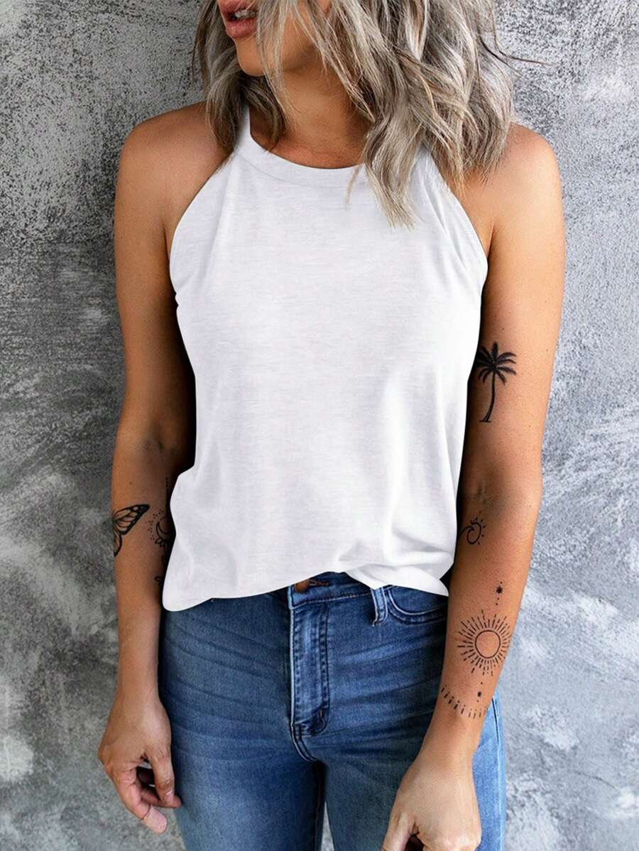 CILKOO Camiseta de tirantes de cuello halter de unicolor, versátil y casual, blanca para verano - Blanco - Ver 1