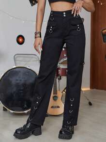 Quần jean nữ Nhẫn Dây kéo màu trơn - màu đen - Xem 1