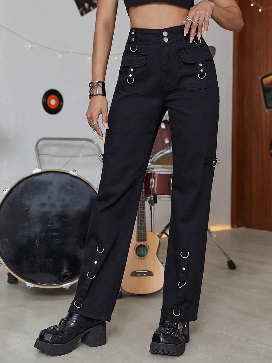 Quần jean nữ Nhẫn Dây kéo màu trơn - màu đen - Xem 1