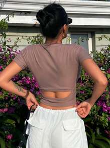 DAZY Áo thun nữ Cắt ra Gân đan màu trơn Giải trí - Bụi hồng - Xem 1