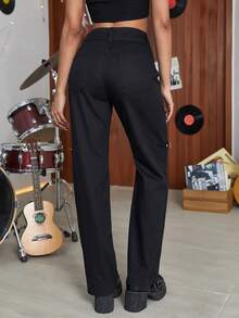 Quần jean nữ Nhẫn Dây kéo màu trơn - màu đen - Xem 2