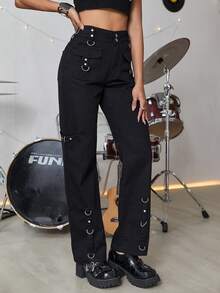 Quần jean nữ Nhẫn Dây kéo màu trơn - màu đen - Xem 3