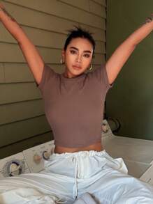 DAZY Áo thun nữ Cắt ra Gân đan màu trơn Giải trí - Bụi hồng - Xem 3