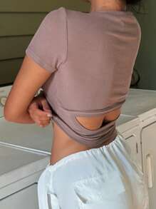 DAZY Áo thun nữ Cắt ra Gân đan màu trơn Giải trí - Bụi hồng - Xem 4