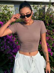 DAZY Áo thun nữ Cắt ra Gân đan màu trơn Giải trí - Bụi hồng - Xem 5