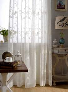 植物刺繡紗簾,現代滌綸濾光隱私透明窗簾 - 白色 - 查看 1