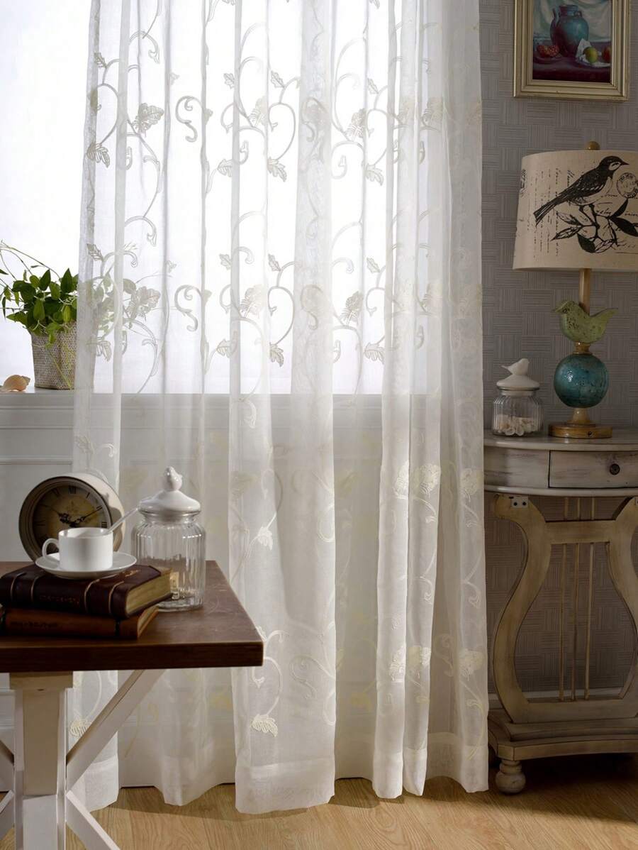 植物刺繡紗簾,現代滌綸濾光隱私透明窗簾 - 白色 - 查看 1