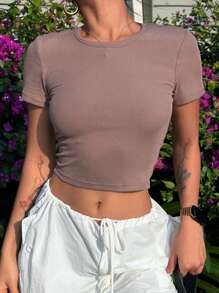 DAZY Áo thun nữ Cắt ra Gân đan màu trơn Giải trí - Bụi hồng - Xem 6