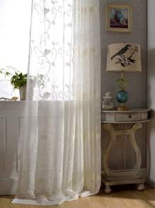 植物刺繡紗簾,現代滌綸濾光隱私透明窗簾 - 白色 - 查看 4