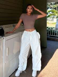 DAZY Áo thun nữ Cắt ra Gân đan màu trơn Giải trí - Bụi hồng - Xem 7